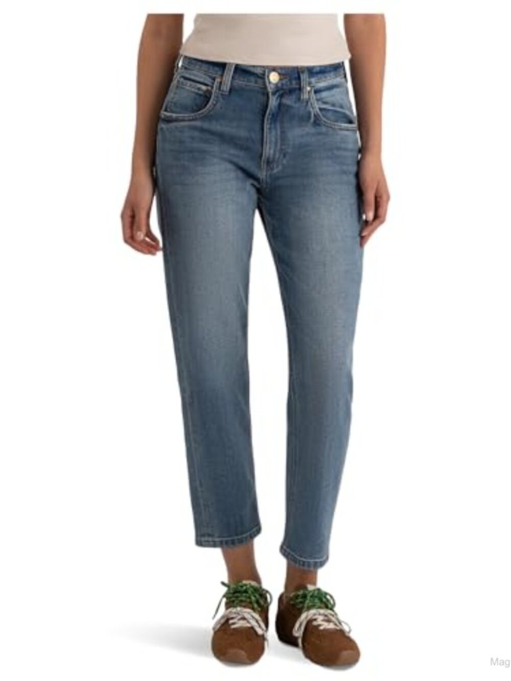 High-Rise Baggy Ankle Straight Leg Jeans Cotton Blend Stretch
